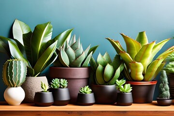 Collection of various succulent plants and peace lily in different pots. Houseplants against wall. Copy space.