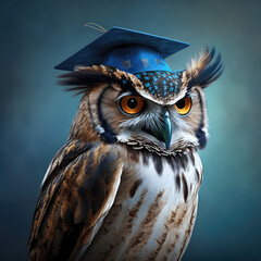 Photo close up of owl in graduation hat created using generative ai technology.