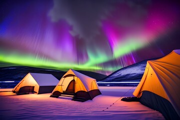 Cross wooden poles connecting the base of the tent Northern lights in the sky - generative ai
