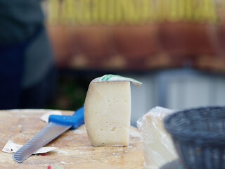 cheeses on typical farmer market. Selective focus