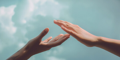 Hands connecting with nature in clouds. Generative AI