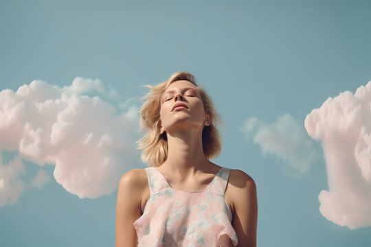 Tender woman in heaven clouds. Generative AI
