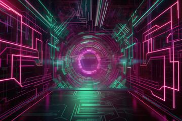 Futuristic Metaverse Tunnel with Polygon Shapes and Circuit Boards. Generative AI