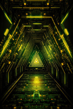 Futuristic Metaverse Triangle Tunnel with Polygon Shapes and Circuit Boards. Generative AI