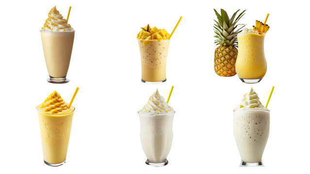 Mango, Banana and Pineapple Milk Shakes or Smoothies Set. Food and Beverage Concept. AI Generative.