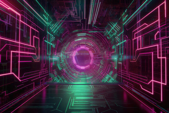 Futuristic Metaverse Tunnel with Polygon Shapes and Circuit Boards. Generative AI
