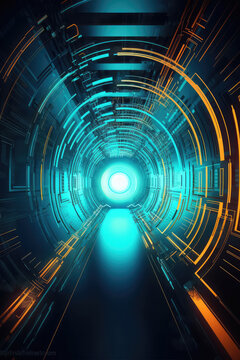 Futuristic Metaverse Tunnel with Polygon Shapes and Circuit Boards. Generative AI
