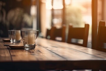 Empty Dining Room with Wood Table Set for an Intimate Dinner, Generative AI