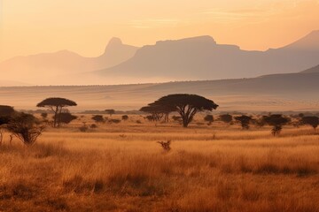 Exploring the African Savanna: Majestic Mountain Landscape in Kenya's National Wild Park at Sunrise. Generative AI