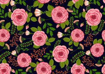 Seamless pattern with blooming roses. Vector floral illustration for postcard, poster, fabric, wrapping paper, decor etc. Flowers for spring and summer holidays.