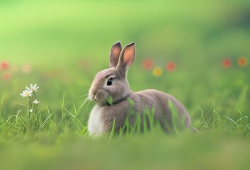 Obraz premium The adorable rabbit is seated in a springtime meadow with green grass. 