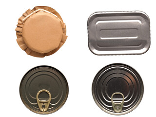 Different tin cans from above as label or storage concept