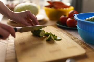 Chopping cucumber with a knife. Preparing healthy green salad for lunch