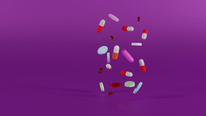 3d rendering pills and capsules flying on lavender background for UI, medical, pharmacy