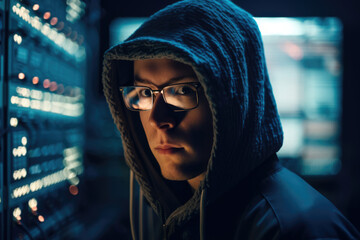 Hooded Asian Male Hacker In The Dark SCADA Control Server Room Hacking Company System Cyber Security And Penetration Test Concept.