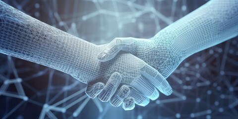 Businessmen engaging in a digital handshake, gesture of greeting and a sign of a potential business deal in digital world. Business cooperation, mergers and acquisitions,  digital background