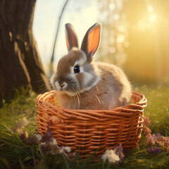 cute fluffy rabbit sits in a basket with easter eggs against the backdrop of a spring background, easter card