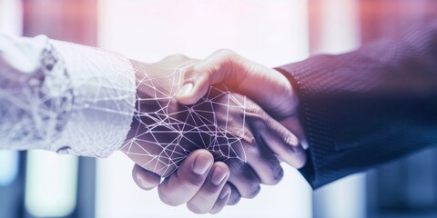 Businessmen engaging in a digital handshake, gesture of greeting and a sign of a potential business deal in digital world. Business cooperation, mergers and acquisitions,  digital background
