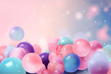 Fototapeta na wymiar Festive background with blue and pink balloons falling confetti blurry background and a bokeh lights cozy pastel colors. Generative Ai