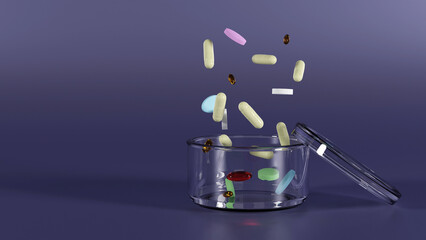 modern layout of pills and capsules in 3d rendering background for UI, medical, pharmacy with glass
