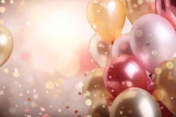 Festive background with blue and pink balloons falling confetti blurry background and a bokeh lights cozy pastel colors. Generative Ai