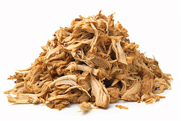 Heap of pulled chicken meat on white. Generative Ai
