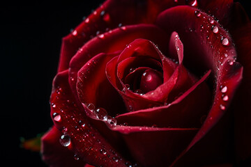 An incredible macro photography of a beatiful red rose opening its petals, water droplets sprinkled on it - Generative AI