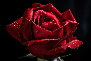 An incredible macro photography of a beatiful red rose opening its petals, water droplets sprinkled on it - Generative AI