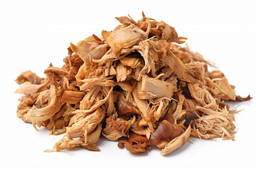 Heap of pulled chicken meat on white. Generative Ai
