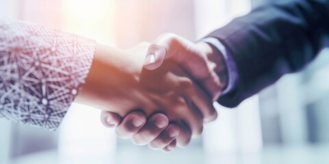 Businessmen engaging in a digital handshake, gesture of greeting and a sign of a potential business deal in digital world. Business cooperation, mergers and acquisitions,  digital background