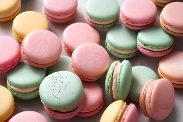 Obraz premium Sweet and colourful french macaroons or macaron on white background, Dessert. Generative AI.