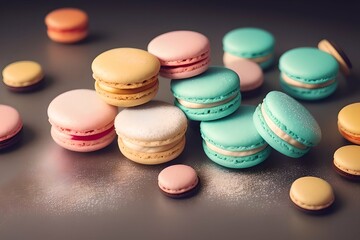 Sweet and colourful french macaroons or macaron on white background, Dessert. Generative AI.