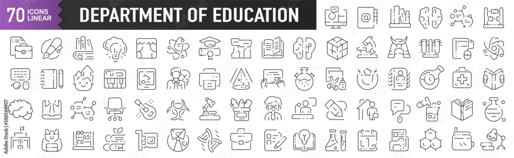 Poster department of education black linear icons. collection of 70 icons in black. big set of linear icons