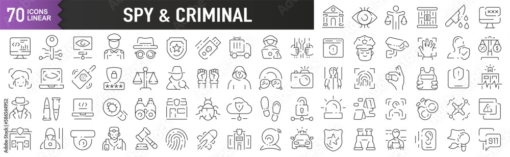 Poster Spy and criminal black linear icons. Collection of 70 icons in black. Big set of linear icons