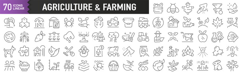 Agriculture and farming black linear icons. Collection of 70 icons in black. Big set of linear icons