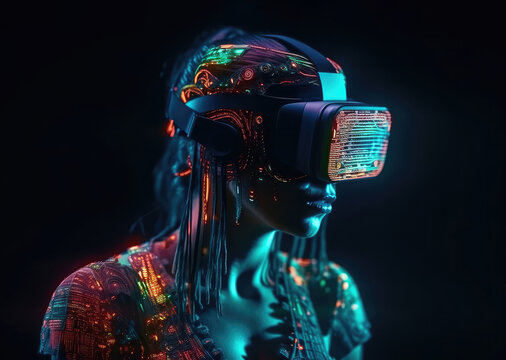 Humanoid portrait with VR glasses made by computer circuits. Metaverse concept. Generative AI
