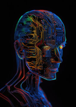 Humanoid portrait with VR glasses made by computer circuits. Metaverse concept. Generative AI