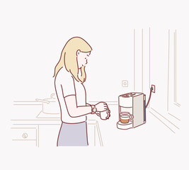 Woman drinking cup of morning coffee with coffee machine while breakfast at kitchen. Hand drawn style vector design illustrations.