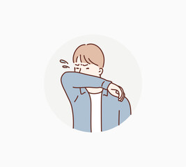 Illustration of a man coughing with her arms to prevent splashing. Hand drawn style vector design illustrations.