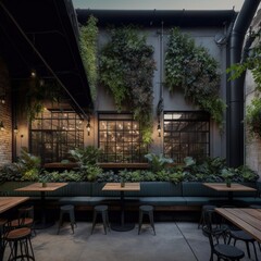 Fototapeta na wymiar Inside Garden Pub & Restaurant ,interior design of an eco green bar. Generative AI