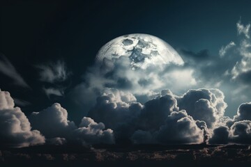 Naklejka na ściany i meble full moon with blue clouds panoramic view. Generative AI