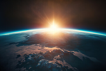 Fototapeta premium Sunrise over globe land and ocean. Planet Earth. Aerial view of blue planet from space. . Generative AI