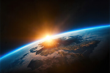 Sunrise over globe land and ocean. Planet Earth. Aerial view of blue planet from space. . Generative AI