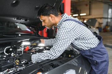 Indian car mechanic standing and working in service station. Car specialists examining the lifted...