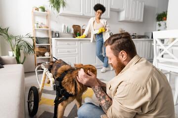 Tattooed man petting disabled dog on wheelchair near blurred african american girlfriend in kitchen.