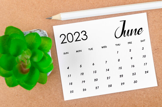 The June 2023 Monthly calendar for 2023 year with pen on wooden background.