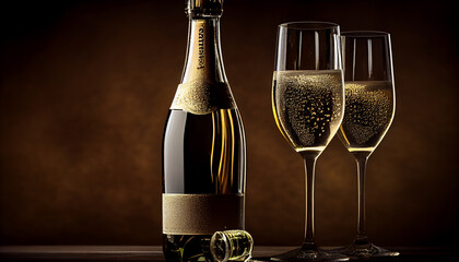 Bottle of champagne with filled glasses on  blurred background Ai generated image