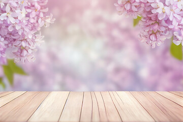 Naklejka na ściany i meble spring lilac background with wooden table, AI Generated