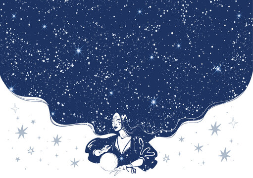 Vintage boho banner with stars and copy space for astrology, tarot, zodiac, fortune telling witch with magic ball. Mystical illustration, vector hand drawing.