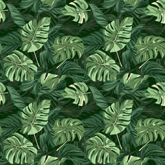 Seamless pattern of tropical leaves. Tropical background. Perfect for wallpaper, textiles, and web backgrounds, package design. Good quality for repeating design. Generative AI. Edited 